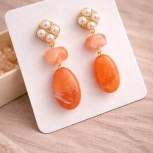 Coral Orange Statement Dangle Earrings | Faux Pearl & Marble Look Drop